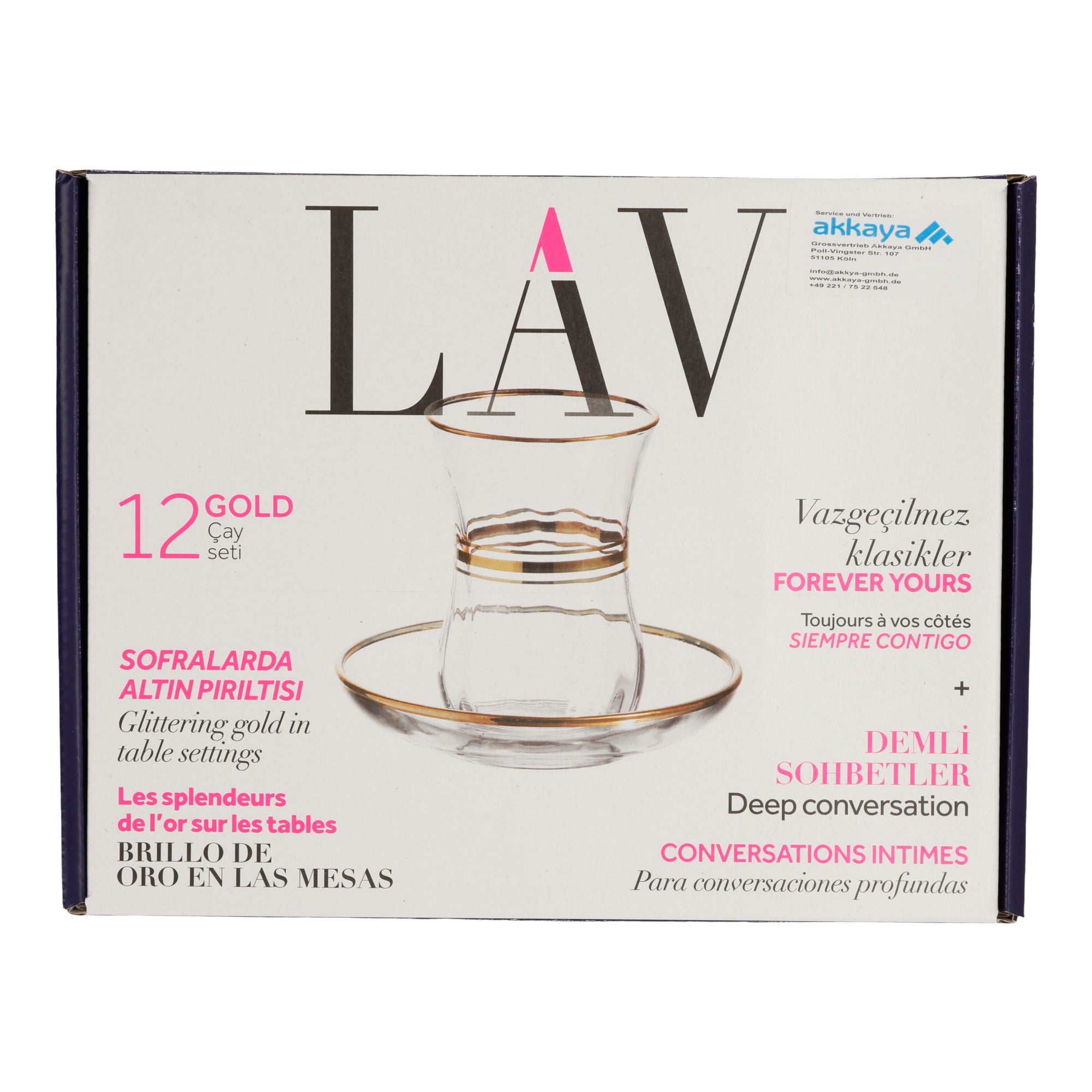 LAV Gold Çay Seti | Teeglas-Set mit Goldrand | 12-teilig (6 Gläser + 6 Unterteller) LAV